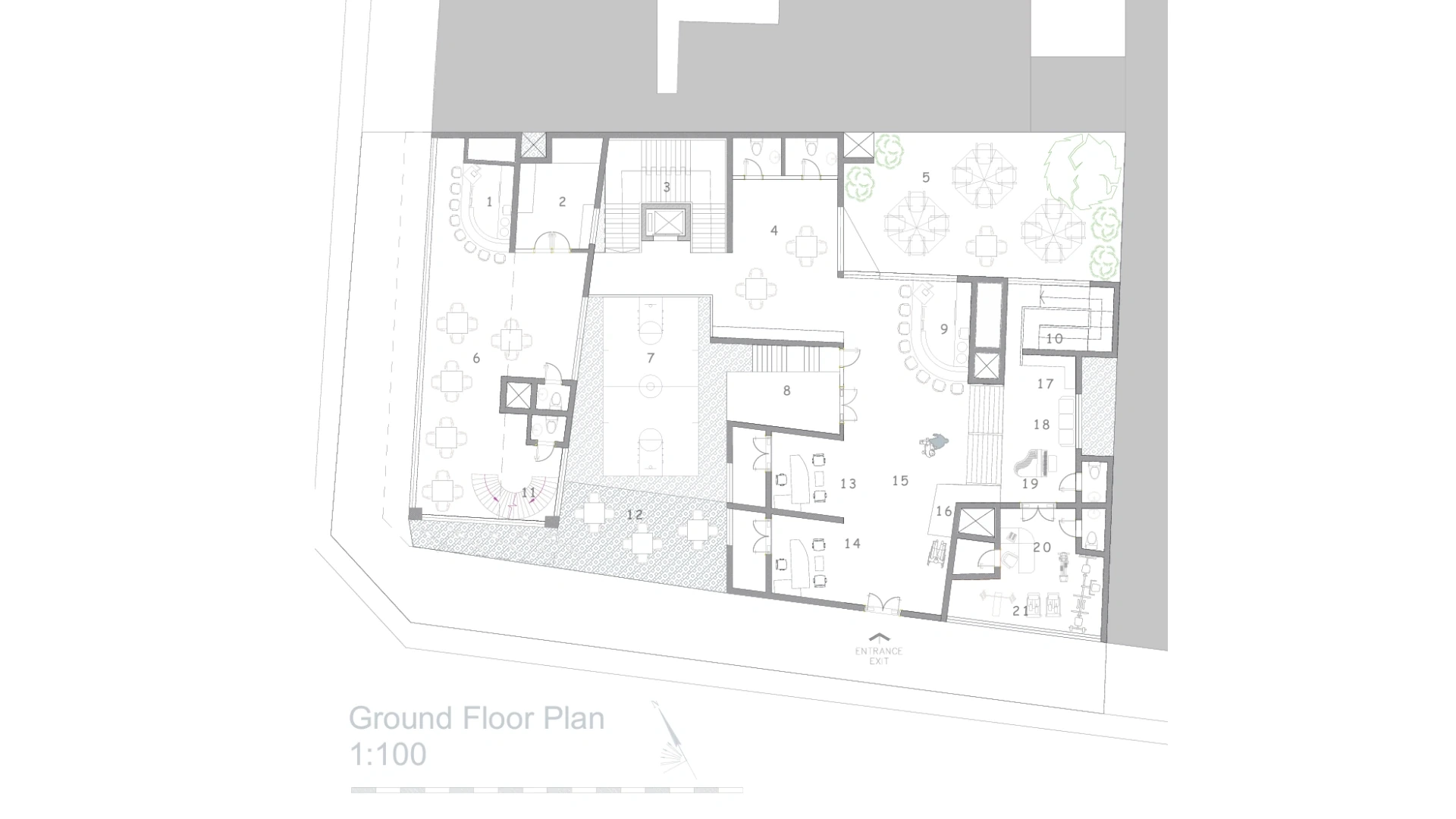 Plan. Light and ventilation organise the single-aspect units.