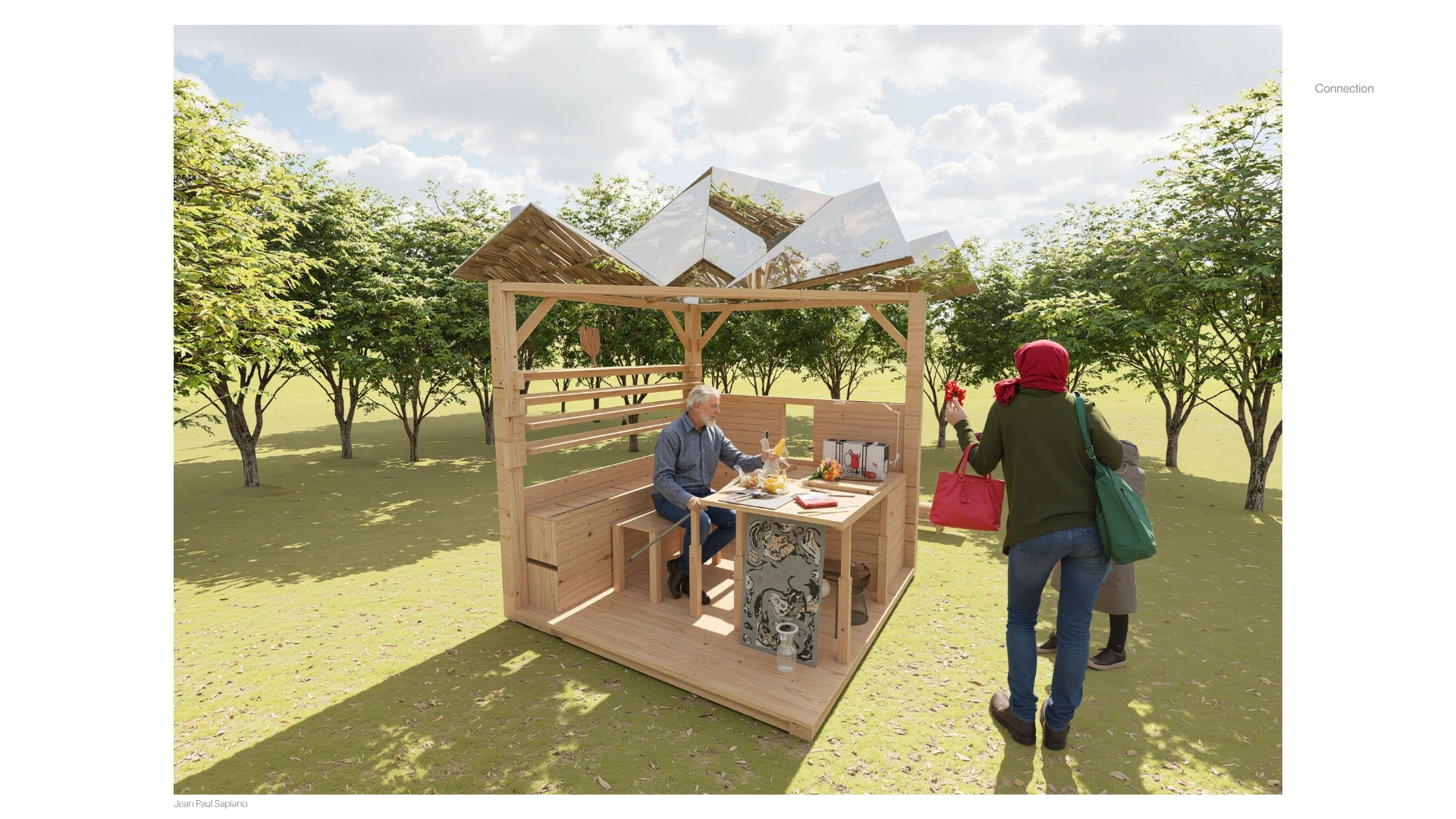 In use. Display, desk and shelter are held within one portable frame.