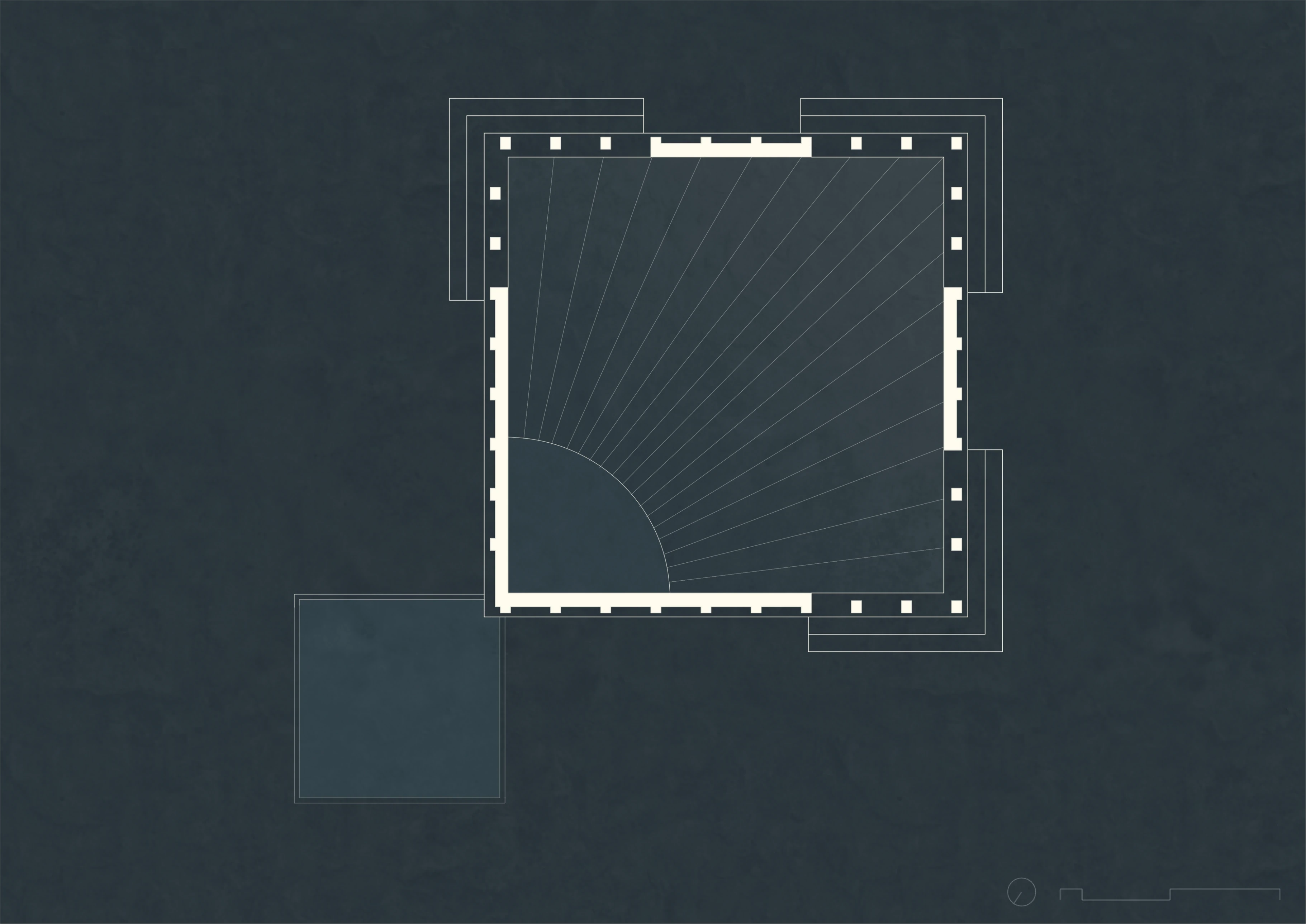Room of columns. A square order holds a fluid interior.